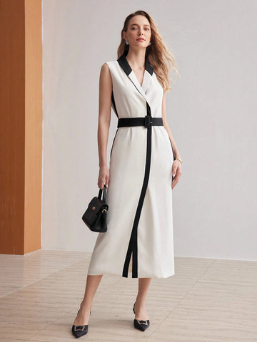 MOTF PREMIUM TWO TONE SHAWL COLLAR SLANT POCKET BUCKLE BELTED DRESS