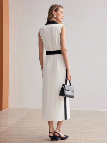 MOTF PREMIUM TWO TONE SHAWL COLLAR SLANT POCKET BUCKLE BELTED DRESS