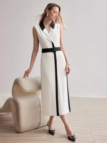 MOTF PREMIUM TWO TONE SHAWL COLLAR SLANT POCKET BUCKLE BELTED DRESS