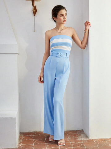 MOTF PREMIUM TWO TONE STRIPED PRINT BUCKLE BELTED TUBE JUMPSUIT