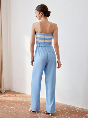 MOTF PREMIUM TWO TONE STRIPED PRINT BUCKLE BELTED TUBE JUMPSUIT