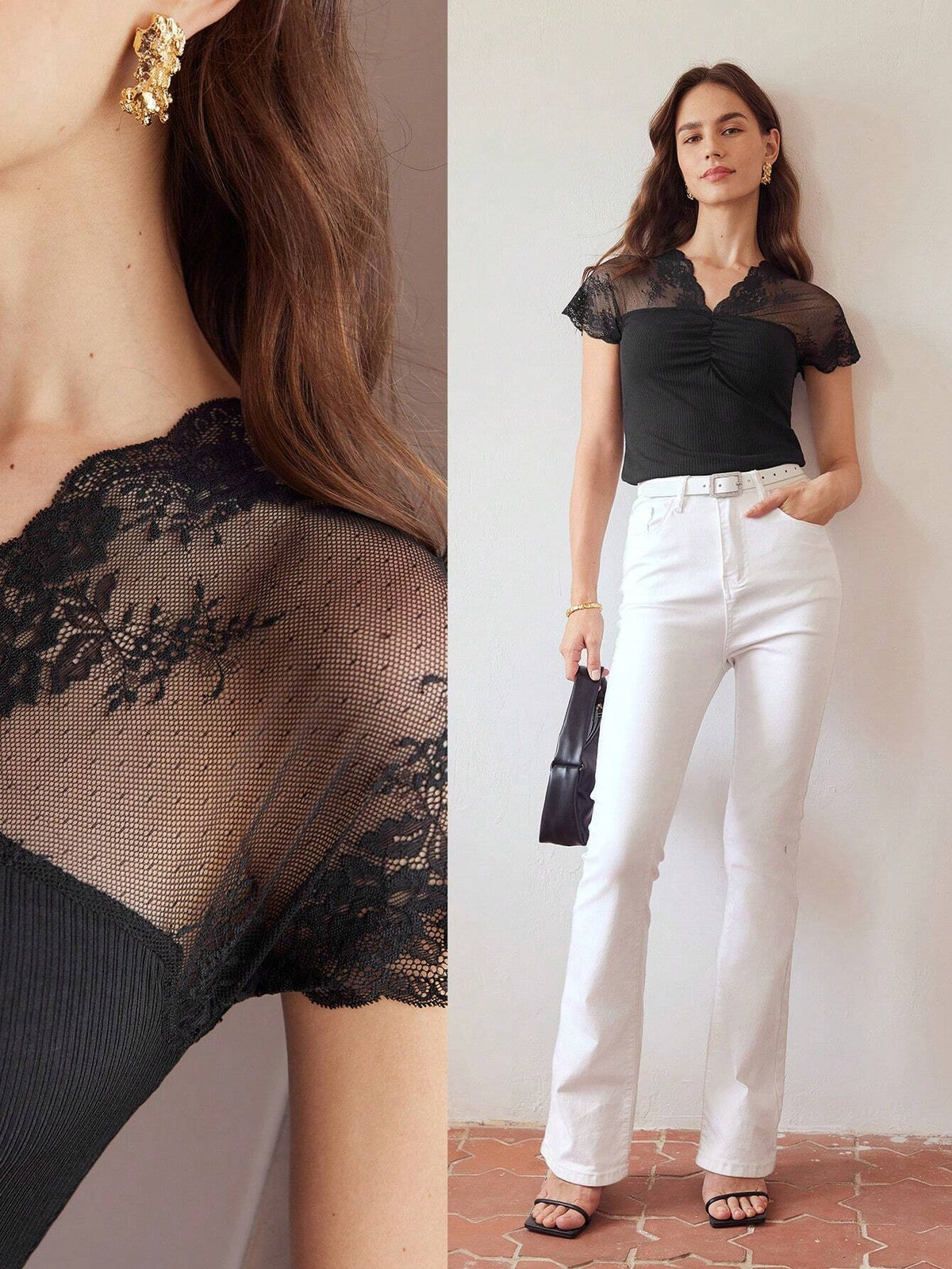 MOTF PREMIUM V-NECK CONTRAST LACE YOKE RUCHED BUST TEE