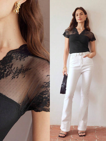 MOTF PREMIUM V-NECK CONTRAST LACE YOKE RUCHED BUST TEE