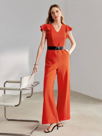 MOTF PREMIUM V-NECK RUFFLE ARMHOLE SLANT POCKET WIDE LEG JUMPSUIT