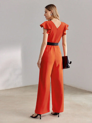 MOTF PREMIUM V-NECK RUFFLE ARMHOLE SLANT POCKET WIDE LEG JUMPSUIT