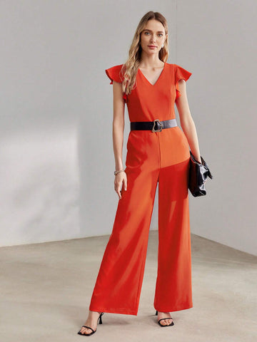 MOTF PREMIUM V-NECK RUFFLE ARMHOLE SLANT POCKET WIDE LEG JUMPSUIT