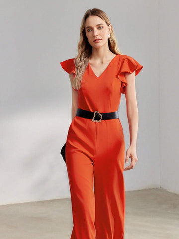 MOTF PREMIUM V-NECK RUFFLE ARMHOLE SLANT POCKET WIDE LEG JUMPSUIT