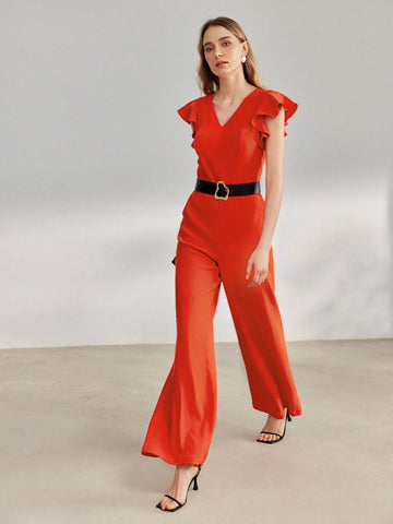 MOTF PREMIUM V-NECK RUFFLE ARMHOLE SLANT POCKET WIDE LEG JUMPSUIT