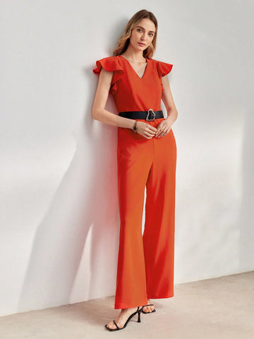 MOTF PREMIUM V-NECK RUFFLE ARMHOLE SLANT POCKET WIDE LEG JUMPSUIT