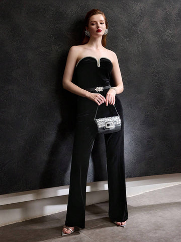 MOTF PREMIUM VELVET CONTRAST RHINESTONE TRIM TUBE JUMPSUIT WITH BELT