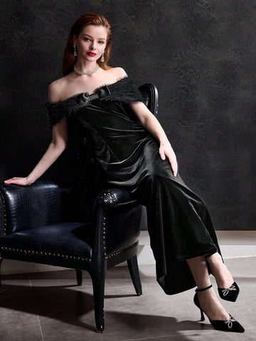 MOTF PREMIUM VELVET OFF SHOULDER CONTRAST MESH BOW FRONT COCKTAIL DRESS WITHOUT BELT