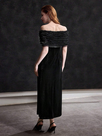 MOTF PREMIUM VELVET OFF SHOULDER CONTRAST MESH BOW FRONT COCKTAIL DRESS WITHOUT BELT