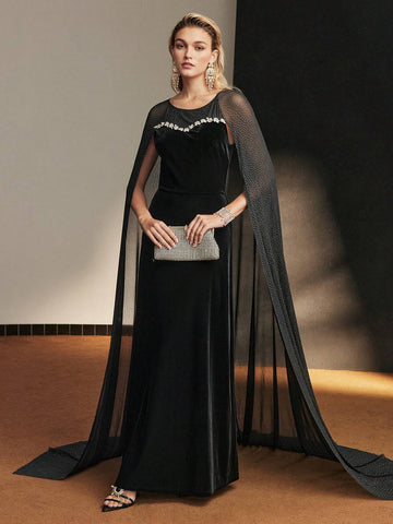 MOTF PREMIUM VELVET RHINESTONE DETAIL DOBBY MESH CAPE FORMAL EVENING DRESS