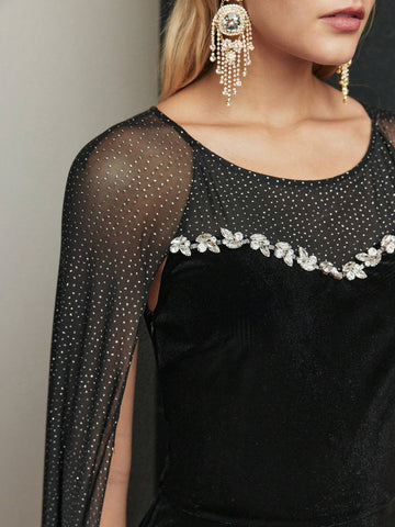 MOTF PREMIUM VELVET RHINESTONE DETAIL DOBBY MESH CAPE FORMAL EVENING DRESS