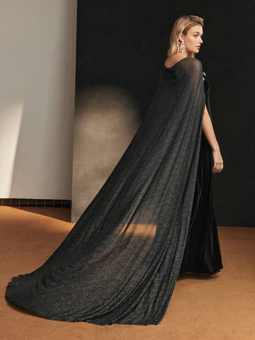 MOTF PREMIUM VELVET RHINESTONE DETAIL DOBBY MESH CAPE FORMAL EVENING DRESS