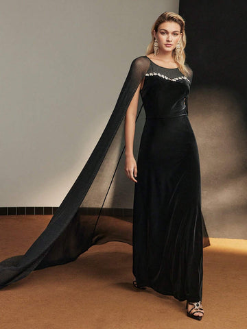 MOTF PREMIUM VELVET RHINESTONE DETAIL DOBBY MESH CAPE FORMAL EVENING DRESS