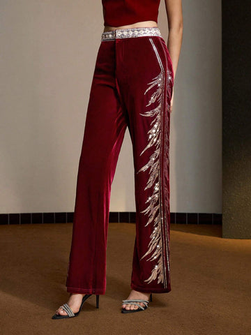 MOTF PREMIUM VELVET SEQUIN AND FAUX PEARL TAPE WAIST FLARE LEG PANTS