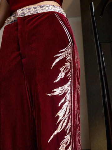 MOTF PREMIUM VELVET SEQUIN AND FAUX PEARL TAPE WAIST FLARE LEG PANTS