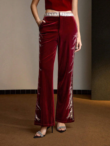 MOTF PREMIUM VELVET SEQUIN AND FAUX PEARL TAPE WAIST FLARE LEG PANTS
