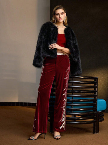 MOTF PREMIUM VELVET SEQUIN AND FAUX PEARL TAPE WAIST FLARE LEG PANTS