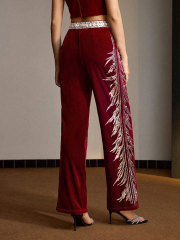 MOTF PREMIUM VELVET SEQUIN AND FAUX PEARL TAPE WAIST FLARE LEG PANTS