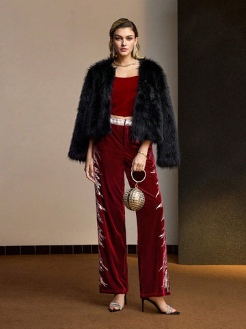 MOTF PREMIUM VELVET SEQUIN AND FAUX PEARL TAPE WAIST FLARE LEG PANTS