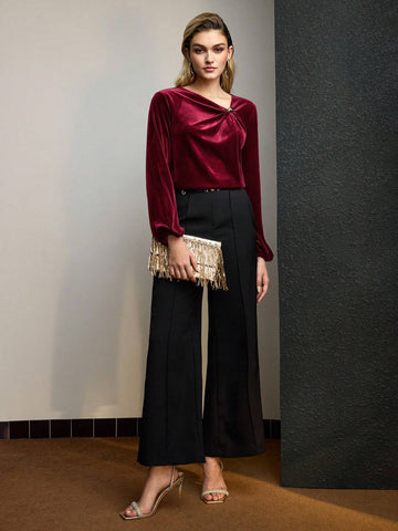 MOTF PREMIUM VELVET SOLID ASYMMETRICAL NECK TWIST FRONT BLOUSE