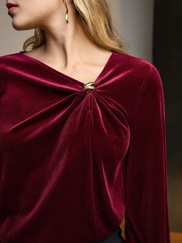 MOTF PREMIUM VELVET SOLID ASYMMETRICAL NECK TWIST FRONT BLOUSE