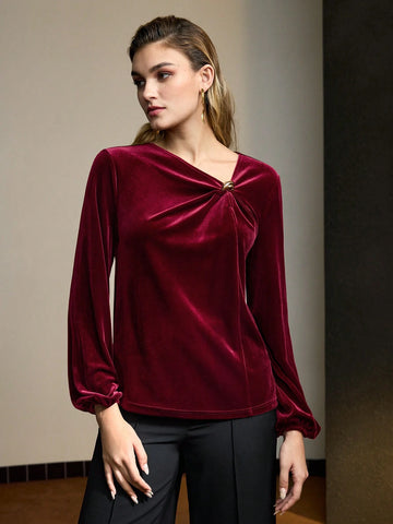 MOTF PREMIUM VELVET SOLID ASYMMETRICAL NECK TWIST FRONT BLOUSE