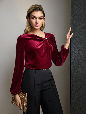 MOTF PREMIUM VELVET SOLID ASYMMETRICAL NECK TWIST FRONT BLOUSE