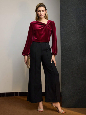 MOTF PREMIUM VELVET SOLID ASYMMETRICAL NECK TWIST FRONT BLOUSE