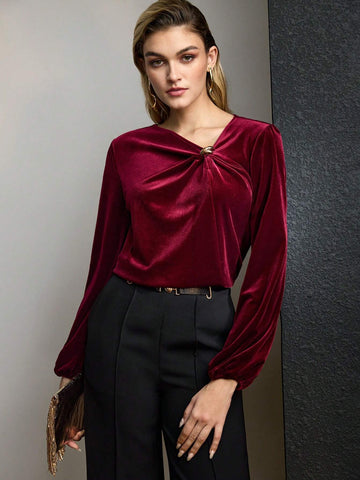 MOTF PREMIUM VELVET SOLID ASYMMETRICAL NECK TWIST FRONT BLOUSE