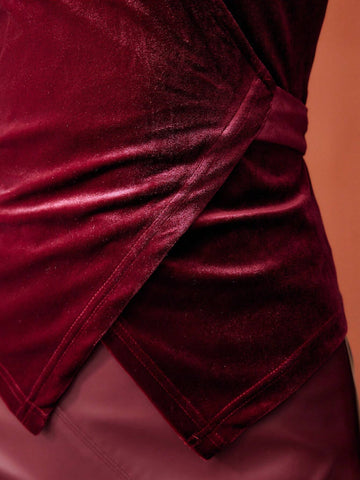 MOTF PREMIUM VELVET SOLID SURPLICE NECK TIE BACK SLIM FIT BLOUSE
