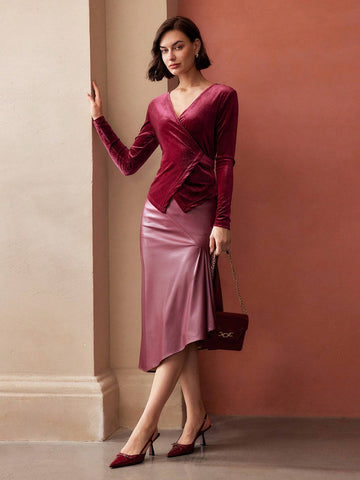 MOTF PREMIUM VELVET SOLID SURPLICE NECK TIE BACK SLIM FIT BLOUSE