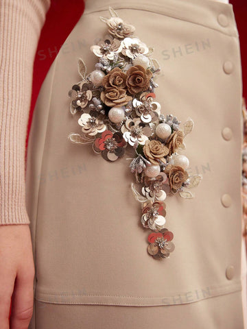 MOTF PREMIUM WOMEN'S 3D FLOWER DECORATED BUTTON FRONT SKIRT