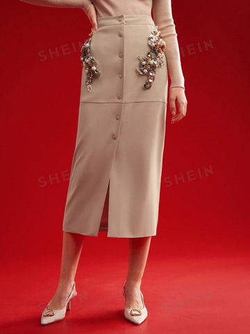 MOTF PREMIUM WOMEN'S 3D FLOWER DECORATED BUTTON FRONT SKIRT