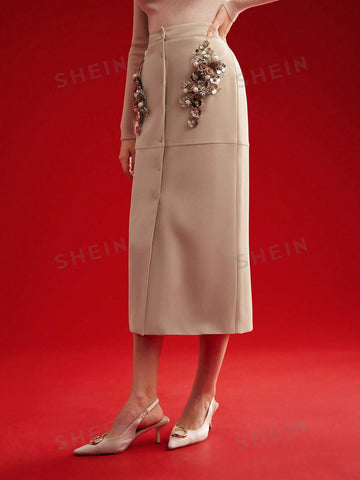 MOTF PREMIUM WOMEN'S 3D FLOWER DECORATED BUTTON FRONT SKIRT