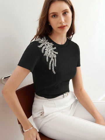 MOTF PREMIUM WOMEN'S PEARL BEADED DECORATED T-SHIRT