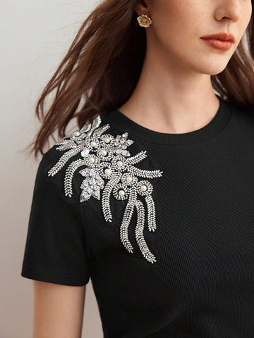 MOTF PREMIUM WOMEN'S PEARL BEADED DECORATED T-SHIRT