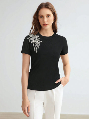 MOTF PREMIUM WOMEN'S PEARL BEADED DECORATED T-SHIRT