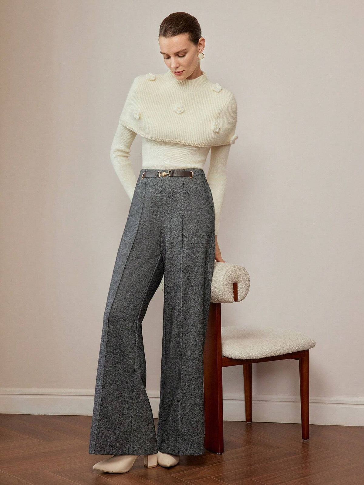 MOTF PREMIUM WOOL BUCKLE WAIST SEAM FRONT SLANT POCKET WIDE LEG PANTS