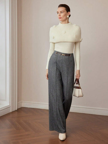 MOTF PREMIUM WOOL BUCKLE WAIST SEAM FRONT SLANT POCKET WIDE LEG PANTS