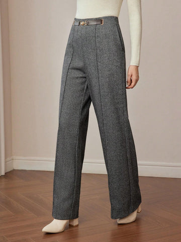 MOTF PREMIUM WOOL BUCKLE WAIST SEAM FRONT SLANT POCKET WIDE LEG PANTS