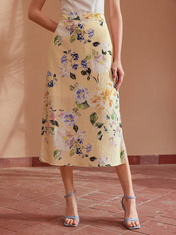 MOTF PREMIUM WOVEN FLORAL PRINTED MID-LENGTH ELEGANT SKIRT