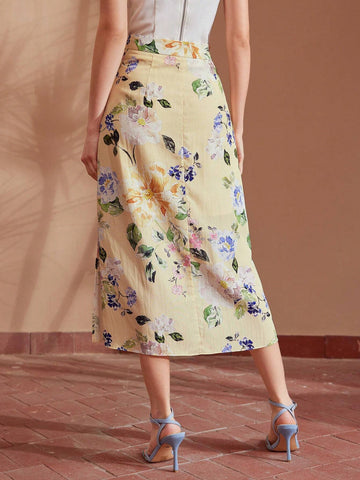 MOTF PREMIUM WOVEN FLORAL PRINTED MID-LENGTH ELEGANT SKIRT