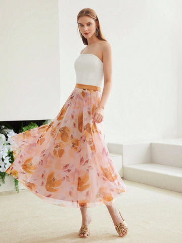 MOTF PREMIUM WOVEN FLOWING FLOWER PRINT SKIRT