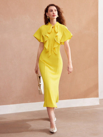 MOTF PREMIUM WOVEN TIE NECK RUFFLE TRIM DRESS FOR WOMEN