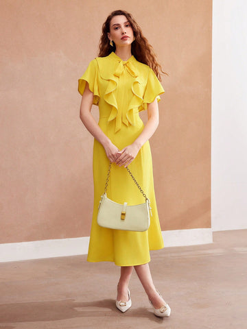 MOTF PREMIUM WOVEN TIE NECK RUFFLE TRIM DRESS FOR WOMEN