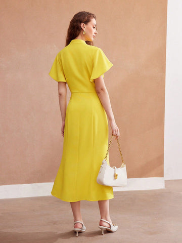 MOTF PREMIUM WOVEN TIE NECK RUFFLE TRIM DRESS FOR WOMEN