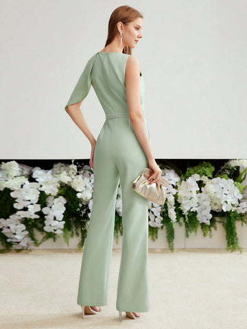 MOTF PREMIUM WOVEN WOMEN'S ASYMMETRICAL SHOULDER SEAM FRONT JUMPSUIT